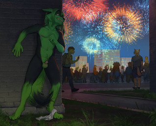 anthro areola balls bite biting_lip biting_own_lip bottomwear briefs clothed clothing crowd erection exhibitionism feet fireworks fur genitals grass group hair humanoid_genitalia humanoid_penis male micropenis night nude outdoor_nudity outside pants partially_clothed pecs penis plant public public_nudity self_bite shirt shorts small_penis smile standing tail tattoo teeth toes topwear underwear underwear_down undressed rozgi jacktwf canid canine canis mammal wolf digital_media_(artwork)