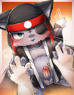 5_fingers anthro asian_clothing balls bent_legs black_headdress blush bodily_fluids bottomless bottomless_male breath claws clothed clothing duo east_asian_clothing embarrassed erection eye_patch eyewear fingers first_person_view foreskin fur genitals green_eyes hand_holding humanoid_genitalia humanoid_penis interlocked_fingers japanese_clothing kimono kneeling looking_at_viewer male male/male nervous open_clothing open_kimono open_mouth penis spiral spiral_eyes sweat tail white_body white_fur young young_anthro young_male kemokemo02091 bemani konami pop'n_music pop'n_music_9 kagetora_(pop'n_music) felid mammal pantherine 2025 absurd_res hi_res japanese_description