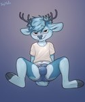 anthro antlers bite biting_lip blue_body blue_briefs blue_clothing blue_fur blue_hair blue_underwear blush briefs bulge clothing detailed_bulge fur genital_outline hair hooves_in_air horn looking_at_viewer male midriff penis_outline shirt simple_background slight_blush solo suggestive_pose topwear underwear white_clothing white_seam_briefs white_shirt white_topwear wrinkles_in_clothes young young_anthro skymafia deer mammal 5:6 hi_res