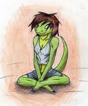 anthro barefoot bottomwear breasts brown_hair claws cleavage clothed clothing feet female green_body green_scales hair long_tail midriff navel non-mammal_breasts purple_eyes scales shirt short_hair shorts simple_background sitting smile solo tail tank_top topwear katnay irene_(katnay) gecko lizard reptile scalie hi_res traditional_media_(artwork)