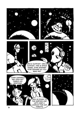 alien_planet anthro apode control_panel dialogue duo electronics eye_contact female headgear headphones headset legless looking_at_another planet satellite_dish serpentine space spacecraft speech_bubble star text vehicle phano a-lo_(phano) jun_(phano) draconcopode felid feline mammal naga comic english_text hi_res monochrome