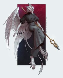 anthro beak black_clothing black_topwear bottomwear clothed clothing feathered_wings feathers female female_anthro grey_beak grey_bottomwear grey_clothing grey_horn grey_pants horn mouth_closed multi_eye pants red_eyes solo topwear white_body white_feathers white_wings wings marie_merkh avian absurd_res hi_res