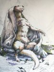 anthro bedding black_eyes blanket breasts brown_body female genitals grass looking_up nipples nude outside plant pussy semi-anthro sitting small_breasts solo oddwilds 2024 3:4 hi_res marker_(artwork) traditional_media_(artwork)