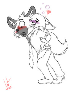 anthro blush bodily_fluids carrying_another clothed clothing cute_fangs drooling drunk duo fangs female footwear fur happy heart_symbol inner_ear_fluff larger_male male markings necktie piggyback saliva shocked shoes size_difference smaller_female spots spotted_body spotted_fur substance_intoxication teeth tongue tongue_out tuft wastedtimeee aggretsuko sanrio fenneko haida_(aggretsuko) canid canine fennec_fox fox hyena mammal spotted_hyena true_fox absurd_res hi_res