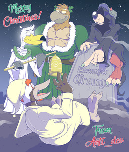 2_toes anthro avian_feet beak beard black_body black_cloak black_clothing brown_body candle_snuffer christmas_card claws cloak clothing disappointed exposed_chest eyebrows facial_hair feet gesture green_claws green_clothing green_hat green_headwear green_robe grey_beak group half-closed_eyes hand_gesture hat headgear headwear holidays holly_(plant) male name_drop name_on_object narrowed_eyes nightcap nightshirt nipples non-mammal_nipples obscured_face open_mouth parody plant pointing pointing_at_another red_beard red_body red_eyebrows red_facial_hair robe scared shirt sitting sitting_on_ground tan_nipples text toes tombstone topwear tunic white_body white_clothing white_face white_shirt white_topwear white_tunic wreath wreath_around_neck yellow_beak anti_dev a_christmas_carol brogulls christmas incestaroos the_secret_lives_of_flowers bailey_(brogulls) chet_(anti_dev) crew_(anti_dev) ebenezer_scrooge ghost_of_christmas_past ghost_of_christmas_present ghost_of_christmas_yet_to_come tragia accipitrid accipitriform avian bird chickenhawk gull lari larid mammal mustelid musteline picid pileated_woodpecker true_musteline weasel woodpecker 2019 artist_name digital_drawing_(artwork) digital_media_(artwork) hi_res