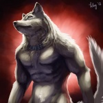 abs abstract_background anthro biceps biped blue_eyes chest_tuft fur jewelry looking_at_viewer male muscular muscular_anthro muscular_male necklace nude pecs pose simple_background solo standing tail tuft khyaber canid canine canis mammal wolf 1:1 2012