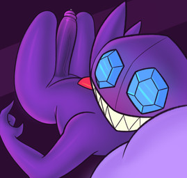 big_penis blush bodily_fluids erection gem genital_fluids genitals gesture glans hand_gesture lying male on_back penis pointing pointing_at_penis precum purple_body purple_penis sharp_teeth simple_background solo teeth toothy_grin vein veiny_penis gemsum nintendo pokemon generation_3_pokemon ghost humanoid pokemon_(species) sableye spirit 2023 hi_res
