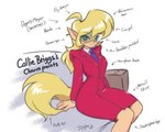 anthro blonde_hair clothing eyebrows eyelashes eyewear female glasses green_eyes hair looking_at_viewer necktie sitting solo tail tan_body text yellow_tail venilejuju hanna-barbera swat_kats callie_briggs domestic_cat felid feline felis mammal 2024 5:4 english_text