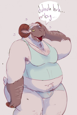 anthro armpit_hair barazoku belly bodily_fluids body_hair bulge chest_hair clothing dialogue drooling growth himbofication hypnosis intelligence_loss jock male mind_control muscle_growth musclegut muscular overweight overweight_anthro overweight_male ringed_eyes saliva shirt solo speech_bubble tank_top three-quarter_view tight_clothing topwear transformation weight_gain daef bovid caprine mammal sheep 2018 digital_media_(artwork) hi_res portrait three-quarter_portrait