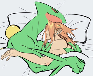 anthro cuddling duo ear_piercing ear_stud eyes_closed hair hand_on_back hug human_on_anthro interspecies larger_male long_hair male male/male piercing pillow size_difference sleeping sleeping_together smile under_covers laiweitui nintendo pokemon a_mu_(laiweitui) fang_yuan_(laiweitui) generation_3_pokemon human mammal pokemon_(species) reptile scalie sceptile hi_res