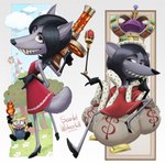 2019 alternate_species anthro black_clothing black_footwear black_hair canid canine canis clothed clothing conditional_dnp crown despicable_me dress duo fangs female female_focus footwear full-length_portrait fully_clothed hair headgear high_heels holding_object holding_weapon illumination_entertainment loupgarou male mammal minion_(despicable_me) portrait pose red_clothing red_dress scarlet_overkill sharp_teeth sitting solo_focus standing teeth weapon wolf