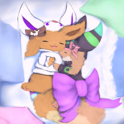 accessory bow_(feature) bow_accessory bow_ribbon clothed clothing costume cuddling duo eyes_closed feral fluffy fluffy_tail fur furgonomics hug open_mouth pawpads paws ribbons tail tail_accessory tail_bow tail_ribbon snoiifoxxo nintendo pokemon ava_(sweetcupcake) fan_character gracie_(sweetcupcake) eevee generation_1_pokemon mammal pokemon_(species) 1:1 hi_res