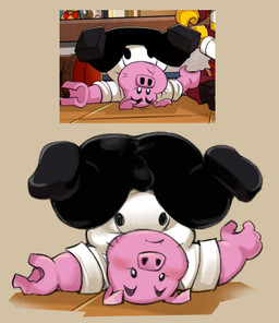 anthro blush bottomwear bulge clothing kemono male overweight overweight_male pants pink_body shirt solo topwear thebunslover lego domestic_pig mammal suid suine sus_(pig) 2025 character_request hi_res