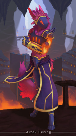 anthro armor bottomwear cave clothing detailed_background fire gauntlets gloves gold_(metal) handwear machine male prosthetic prosthetic_arm prosthetic_limb skirt solo standing underground aizek_dering ember_(skiddy) protogen absurd_res hi_res