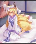 barefoot blonde_hair blush clothing drawer dress feet female fox_tail futon hair hat headgear headwear looking_away multi_tail pillow short_hair sitting solo tail tatami wariza yellow_eyes tamahana touhou ran_yakumo animal_humanoid canid canid_humanoid canine canine_humanoid fox fox_humanoid humanoid mammal mammal_humanoid 5:6 letterbox