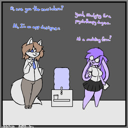 anthro chat co-worker dialogue duo female male male/female text water_cooler workplace culixcupric domestic_cat felid feline felis lagomorph leporid mammal rabbit 1:1 comic english_text