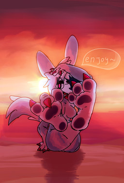 3_toes 4_fingers anthro beach black_body black_fur blue_body blue_fur breasts claws crossed_legs feet female fingers foot_fetish foot_focus fur gesture glistening hand_gesture hand_on_head light looking_at_viewer pawpads pink_claws pink_eyes plantigrade plantigrade_pawpads pose presenting purple_pawpads sand sitting sitting_on_ground speech_bubble sunlight sunset teasing teasing_viewer teasing_with_feet toes white_body white_fur sockless_zen02 canid canine mammal 2025 digital_drawing_(artwork) digital_media_(artwork) hi_res shaded