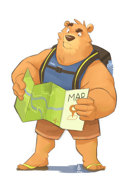 4_toes 5_fingers anthro backpack barazoku barefoot biped bottle bottomwear clothed clothing container eyebrows feet fingers flip_flops footwear front_view fully_clothed fur holding_object male map orange_body orange_fur raised_eyebrow sandals shirt shoes shorts solo standing tank_top toes toony topwear malcus_pine misterbunny56 bear mammal 2016 colored_sketch hi_res sketch