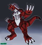 anthro big_claws black_stripes claws grey_background hair horn lighter_belly male muscular open_mouth orange_eyes red_body simple_background solo spikes standing stripes white_hair noki001 bandai_namco digimon digimon_(species) growlmon hi_res