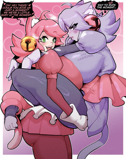 animal_ears bell big_breasts big_butt black_clothing black_leggings black_legwear blush bodily_fluids breast_squish breasts breasts_frottage butt carrying_another carrying_partner clothed clothed_female clothed_humanoid clothing dialogue dress duo female female/female gloves green_eyes handwear huge_breasts jingle_bell leggings legwear looking_at_viewer pink_clothing pink_dress pink_leggings pink_tail purple_clothing purple_dress purple_eyes purple_tail saliva saliva_string speech_bubble squish tail tail_around_leg text thought_bubble white_clothing white_gloves white_handwear thevarking deltarune undertale_(series) irritable_ghost_(deltarune) mad_mew_mew mew_mew_(undertale) pink_(deltarune) animal_humanoid cat_humanoid felid felid_humanoid feline feline_humanoid humanoid mammal mammal_humanoid 2026 english_text hi_res