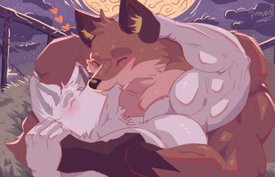 anthro barazoku blush detailed_background duo fur hug hugging_another kissing male male/male moon muscular muscular_anthro muscular_male night orange_body orange_fur romantic romantic_couple valley white_body white_fur pinumontbalou epic_games fortnite fennix_(fortnite) volpez_(fortnite) arctic_fox canid canine canis fox mammal red_fox true_fox brother_(lore) brothers_(lore) incest_(lore) sibling_(lore)