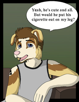 anthro black_border black_eyebrows black_text blue_eyes border brown_body brown_fur brown_hair clothed clothing dialogue eyebrows facial_hair floppy_ears folded_ears fur green_background grey_clothing grey_sclera grey_shirt grey_tank_top grey_topwear hair humanoid_hands looking_at_viewer male male_anthro open_mouth pink_nose pink_tongue shirt simple_background sitting snout solo speech_bubble stubble tank_top teeth text tongue topwear white_body white_fur yellow_body yellow_fur sebdoggo blue_(sebdoggo) bird_dog canid canine canis chow_chow domestic_dog golden_retriever hunting_dog mammal mixed_breed retriever spitz 2015 adobe_photoshop_(artwork) aliasing cel_shading digital_drawing_(artwork) digital_media_(artwork) english_text microsoft_paint_(artwork) shaded trans_(lore) trans_man_(lore)