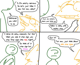 anthro blush bodily_fluids buckteeth eyewear female glasses male sweat teeth text the_weaver undertale undertale_(series) alphys anon anonymous human lizard mammal reptile scalie 2015 comic english_text