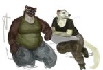 anthro arm_on_table belly bottomwear brown_body brown_fur clothing crossed_arms crossed_legs duo female footwear fur overweight overweight_anthro overweight_female pants shirt shoes simple_background sitting tank_top topwear white_background white_body white_fur cettus hilde_albrecht maren_sommer gulonine mammal mustelid musteline stoat true_musteline weasel wolverine 2023