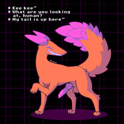 abstract_background animal_genitalia animal_penis balls bared_teeth big_penis canine_genitalia canine_penis dialogue erection eyes_closed feral fur genitals grin grinning_at_viewer knot knotted_penis leaf leaf_ears leaf_tail low-angle_view male paws penis playful purple_body purple_penis raised_paw red_body red_fur sharp_teeth sheath smile smiling_at_viewer solo tail talking_to_viewer teeth teeth_showing text conditional_dnp shirufox deltarune undertale_(series) canid canine fox hybrid mammal netskie absurd_res cel_shading colored colored_line_art hi_res shaded simple_shading