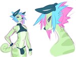 anthro armwear blue_hair bottomwear bulge chameleon chimereon clothing curled_tail green_body grimbelle_(seel_kaiser) hair hand_on_hip horn jijis-waifus lizard male markings multicolored_hair multiple_images navel pink_hair reptile scalie simple_background solo standing tail topwear white_background