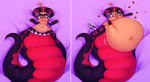 apode bed belly big_belly big_breasts big_tail black_sclera blush breasts cleavage clothed clothing cookie crown dark_body dark_skin female food furniture headgear huge_belly huge_breasts huge_tail hyper hyper_belly legless looking_at_viewer lying macaron_(food) motion_lines navel on_back one_eye_closed open_mouth serpentine slightly_chubby slightly_chubby_female slightly_chubby_humanoid smile solo split_form stuffing tail tan_body tan_skin tongue tongue_out under_boob weight_gain wink yellow_eyes mysterydad stel_(mysterydad) animal_humanoid draconcopode humanoid lamia reptile reptile_humanoid scalie scalie_humanoid snake snake_humanoid absurd_res hi_res