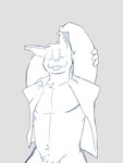 anthro big_ears blep bottomless clothed clothing collared_shirt content_smile eyes_closed happy male open_clothing open_shirt open_topwear pantsless pubes pubes_exposed shirt shirt_only smile solo stretching tongue tongue_out topwear topwear_only v-cut mrjosh47 ezekiel_(mrjosh47) caracal_(genus) felid feline mammal 3:4 absurd_res digital_drawing_(artwork) digital_media_(artwork) hi_res