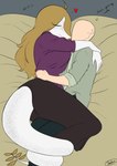 age_difference anthro bald bed bodily_fluids clothed clothing cuddling duo featureless_face female freckled_face freckled_tail freckles furniture hair heart_symbol hug hugging_another larger_female long_hair male male/female mature_female older_female pupils simple_background size_difference sleeping slit_pupils smaller_male sweat sweatdrop tail text white_background ratherdevious cavemanon_studios snoot_game anon_(snoot_game) tarja_(snoot_game) dinosaur human mammal prehistoric_species reptile scalie theropod troodon troodontid absurd_res colored hi_res signature