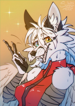 anthro attack fangs female fluffy fur happy looking_at_viewer open_mouth smile solo teeth wings sunny_way art_fight artfight2026 orphen canid canine canis fox hybrid mammal wolf hi_res portrait