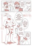 2019 anthro canid canine clothed clothing comic crimsonrabbit duo english_text fox generation_8_pokemon growth_drive hi_res male mammal medical_examination muscular muscular_male nintendo patient physical_exam pokemon pokemon_(species) scorbunny sirus size_difference speech_bubble text topless towel