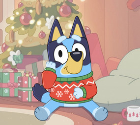 3_fingers 3_toes ambiguous_anthro ambiguous_gender anthro barefoot bean_bag biped black_eyes blue_body blue_ears blue_eyebrows blue_fur blue_tail bottomless bottomless_anthro bottomless_female box christmas_clothing christmas_decorations christmas_ornament christmas_present christmas_sweater christmas_topwear christmas_tree closed_smile clothed clothed_anthro clothed_female clothing container cup dipstick_tail eyebrows featureless_crotch feet female fingers floor fur gift gift_box green_clothing green_sweater green_topwear holidays inside long_sleeves looking_at_viewer markings mouth_closed mug multicolored_body multicolored_clothing multicolored_fur multicolored_sweater multicolored_topwear on_model ornament paws plant pointy_ears prick_ears red_clothing red_sweater red_topwear rug sitting smile smiling_at_viewer solo sweater sweater_only tail tail_markings toes toony topwear topwear_only tree two_tone_body two_tone_fur wall_(structure) white_clothing white_sweater white_topwear wood wood_floor wood_wall yellow_body yellow_fur yellow_inner_ear biocrine bluey_(series) christmas bluey_heeler australian_cattle_dog canid canine canis cattledog domestic_dog herding_dog mammal pastoral_dog 2025 hi_res female_(lore)