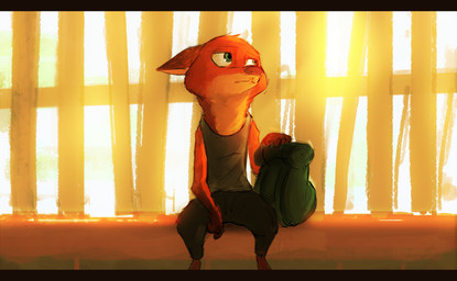 alternate_universe anthro backpack barefoot biped clothed clothing feet green_eyes male shirt sitting solo tank_top topwear sprinkah disney zootopia nick_wilde canid canine fox mammal red_fox true_fox 2017 hi_res letterbox
