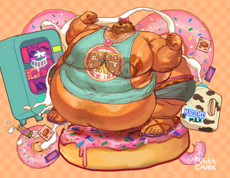 anthro arm_hair backwards_hat beard belly body_hair brown_nipples candy candy_bar chest_hair clothing dessert doughnut eyebrows facial_hair flexing food hairy hat headgear headwear male milk morbidly_obese nipples obese overweight pastry solo text thick_eyebrows vending_machine paprikachunk donutboy_(paprikachunk) domestic_cat felid feline felis mammal artist_name digital_drawing_(artwork) digital_media_(artwork)