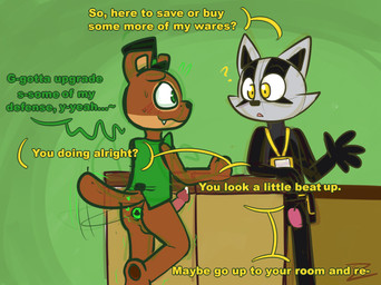 against_surface anthro buttplug clothed clothing dialogue duo embarrased_horny erection flaccid genitals male male/male oblivious partially_clothed penis plug_(sex_toy) sex_toy speech_bubble tail tail_motion tailwag text zurzure fazbear_fanverse popgoes popgoes_arcade blake_the_badger popgoes_the_weasel badger mammal mustelid musteline true_musteline weasel english_text