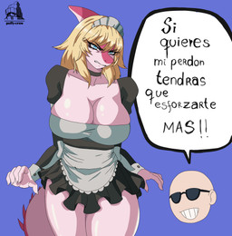 angry anthro anthro_focus bald big_breasts biped blonde_hair blue_background blue_eyes bone_frill breasts choker clothed clothed_anthro clothed_female clothing cutaway disembodied_head duo eyelashes eyewear female female_focus fingers frill_(anatomy) front_view glare glaring glaring_at_viewer hair humanoid_hands jewelry logo long_eyelashes long_hair maid_uniform male necklace non-mammal_breasts pink_body simple_background skimpy smile smirk solo_focus speech_bubble spiked_tail spikes spikes_(anatomy) standing sunglasses tail tear_trough text uniform white_body puffycrow cavemanon_studios i_wani_hug_that_gator inco_(iwhtg) mia_moretti dinosaur hadrosaurid human mammal ornithischian ornithopod parasaurolophus prehistoric_species reptile scalie absurd_res alternate_version_at_source artist_logo artist_name colored hi_res shaded spanish_description spanish_text translated