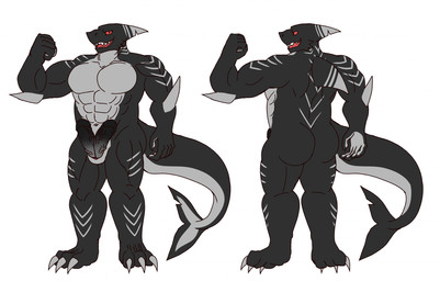 2_penises 3_toes anthro barazoku black_body claws dorsal_fin dorsal_fin_scar double_erection erection feet fin fin_scar genitals grey_body grey_lines humanoid_genitalia humanoid_penis male multi_genitalia multi_penis multicolored_body muscular muscular_male pectoral_fin penis scar tail tail_fin tail_fin_scar tail_scar toes haha-yea negashark aquatic fish shark 2026 hi_res model_sheet