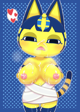 anthro areola big_breasts biped black_eyes blonde_hair blue_background blue_clothing blue_hair blue_legwear blue_tail blue_tail_tip blue_thigh_highs blush blush_lines bob_cut bodily_fluids breasts breath clothed clothed_anthro clothed_female clothing cum cum_on_breasts cum_on_face cum_on_leg dipstick_tail dotted_background dress eyeliner female female_anthro genital_fluids glistening glistening_breasts hair heart_symbol legs_together legwear looking_at_viewer makeup markings multicolored_hair multicolored_tail navel nipples open_mouth outline pattern_background pink_areola pink_nipples pointy_ears prick_ears simple_background solo speech_bubble striped_markings striped_tail stripes tail tail_markings thigh_gap thigh_highs two_tone_hair uraeus white_clothing white_dress white_outline yellow_inner_ear yellow_tail kajiura animal_crossing nintendo ankha_(animal_crossing) domestic_cat felid feline felis mammal 2026 absurd_res digital_media_(artwork) hi_res