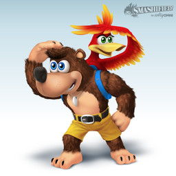 3_toes anthro backpack barefoot beak belt black_nose blue_eyes bottomwear brown_body brown_fur clothing duo feet female fur green_eyes jewelry male necklace open_mouth shorts simple_background teeth toes artsyomni banjo-kazooie rareware banjo_(banjo-kazooie) kazooie avian bear bird breegull mammal signature