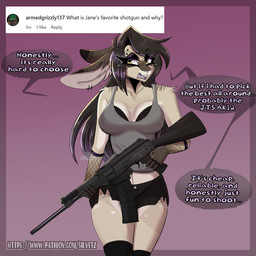 anthro armwear belly belly_markings biped black_hair bottomwear breasts brown_body brown_fur clothed clothing eyebrow_piercing eyebrows eyeliner facial_piercing female fishnet_armwear fishnet_clothing fishnet_handwear fishnet_topwear fur gun hair handwear highlights_(coloring) holding_object holding_weapon makeup markings mascara open_mouth piercing purple_hair purple_highlights purple_nose rabbit_ears raccoon_tail_hair ranged_weapon shorts shotgun solo speech_bubble standing stripes text text_box topwear weapon yellow_eyes silvetz jane_(silvetz) lagomorph leporid mammal rabbit 1:1 absurd_res english_text hi_res shaded watermark