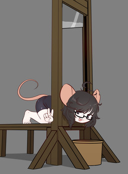 5_fingers 5_toes anthro bangs barefoot basket blade bottomwear clothing container execution eyewear feet female fingers gesture glasses guillotine hair hand_gesture imminent_death kneeling looking_at_viewer messy_hair shorts smile solo toes tongue tongue_out v_sign e254e ririgaki mammal murid murine rat rodent absurd_res hi_res