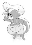 anthro bodily_fluids breasts clothing fangs female gloves handwear hat headgear headwear open_mouth overalls shirtless simple_background solo sun_hat sweat teeth tongue white_background wiping_forehead wiping_sweat kaboozey sherlock_yack skunk_(sherlock_yack) mammal mephitid skunk 2017 greyscale monochrome