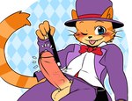 anthro balls big_penis blue_eyes blush blush_lines bodily_fluids bottomwear bow_tie clothed clothing cum cum_drip cum_on_penis dripping ear_tuft erection fangs foreskin fur genital_fluids genitals hat headgear headwear humanoid_genitalia humanoid_penis long_tail looking_at_viewer magic_wand magician magician_hat male markings one_eye_closed open_bottomwear open_clothing open_pants orange_body orange_fur pants penis penis_poking_out penis_through_fly pubes purple_clothing purple_suit shirt smile solo striped_body striped_fur striped_markings striped_tail stripes suit suit_jacket tail tail_markings teeth tongue tongue_out top_hat topwear tuft undershirt vein veiny_penis wink saku1saya giggleland eliot_(giggleland) domestic_cat felid feline felis mammal hi_res