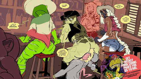 advertisement blonde_hair boots braided_hair brown_body brown_hair clothing cowboy_boots cowboy_hat dialogue facesitting female footwear green_hair hair hat headgear headwear male midriff_shirt poncho_only saloon shoes sitting sitting_on_another sombrero speech_bubble striped_body stripes text topwear vest western kenno_arkkan my_life_with_fel fel_(my_life_with_fel) green_(my_life_with_fel) mary_(my_life_with_fel) monica_(my_life_with_fel) waylon_(thecosmicwolf33) animal_humanoid equid equine felid horse humanoid mammal murid murine pantherine rat reptile rodent scalie snake tiger tortoise tortoise_humanoid turtle 16:9 2026 adversarial_noise digital_media_(artwork) english_text hi_res widescreen