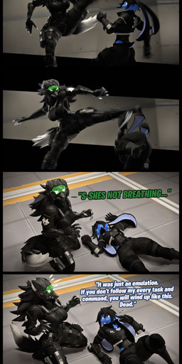 anthro armor black_body black_hair black_scales blue_body blue_eyes blue_fur breasts clothed clothed_anthro clothed_female clothing dialogue duo faked_death female fight floor fluffy fluffy_tail fur gauntlets gloves grey_eyes hair handwear heterochromia kick kneeling long_ears mask motion_blur pouches scales tactical_gear tail text training wearing_mask conditional_dnp domi3d warfaremachine_(modeler) mythology domi_(domi3d) hellhound_(petruz) canid canid_demon canine demon hellhound hybrid lagomorph leporid mammal mythological_canine mythological_creature rabbit 2025 3d_(artwork) absurd_res comic digital_media_(artwork) english_text hi_res source_filmmaker_(artwork)