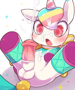 1_horn blush bodily_fluids cum cum_on_chest cum_on_face cum_on_own_chest cum_on_own_face cum_on_self erection feral fur genital_fluids genitals hooves horn looking_at_genitalia looking_at_penis lying male male_feral multicolored_body multicolored_fur on_back open_mouth penis quadruped rear_view red_eyes simple_background solo sparkles striped_horn stripes unguligrade white_background white_body badwingm mythology equid equine mammal mythological_creature mythological_equine unicorn 2026 cel_shading character_request digital_drawing_(artwork) digital_media_(artwork) hi_res shaded
